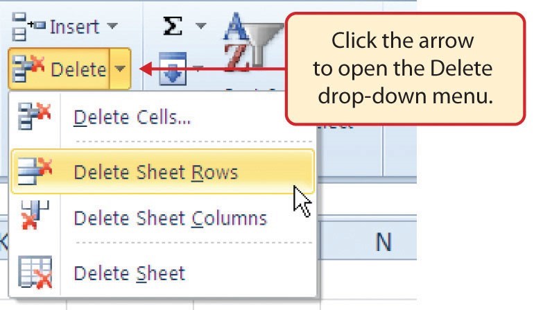 Delete button drop-down menu for deleting cells, rows, columns and sheets.