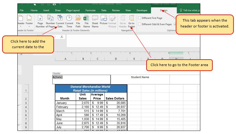 Design Tab menu for creating headers and footers. Options include page number, date, time, file name.