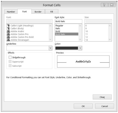 Format Cells dialog box with Bold Italic selected in Font style box and Red selected in Color box.
