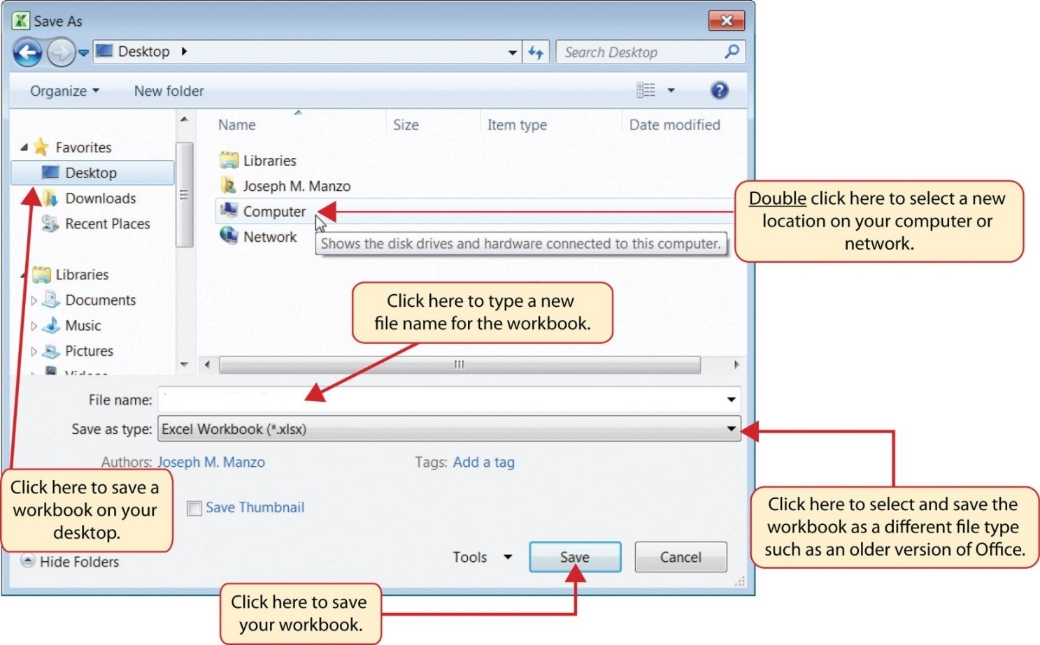 Save As dialog box for Excel 2013 featuring saving and naming a workbook.