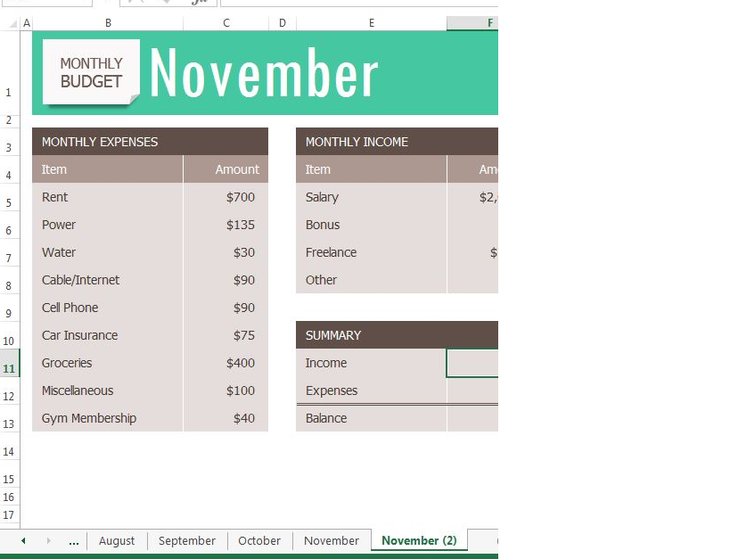 November worksheet open and tab to right is also "November" with "(2)" indicating this is a copy.