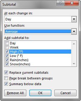 Subtotal window open to "At each change in" with "Day" entered. Use function: Average. Add subtotal to: High, Low, Rain & Snow boxes checked. Boxes checked for Replace current subtotals, and Summary below data.