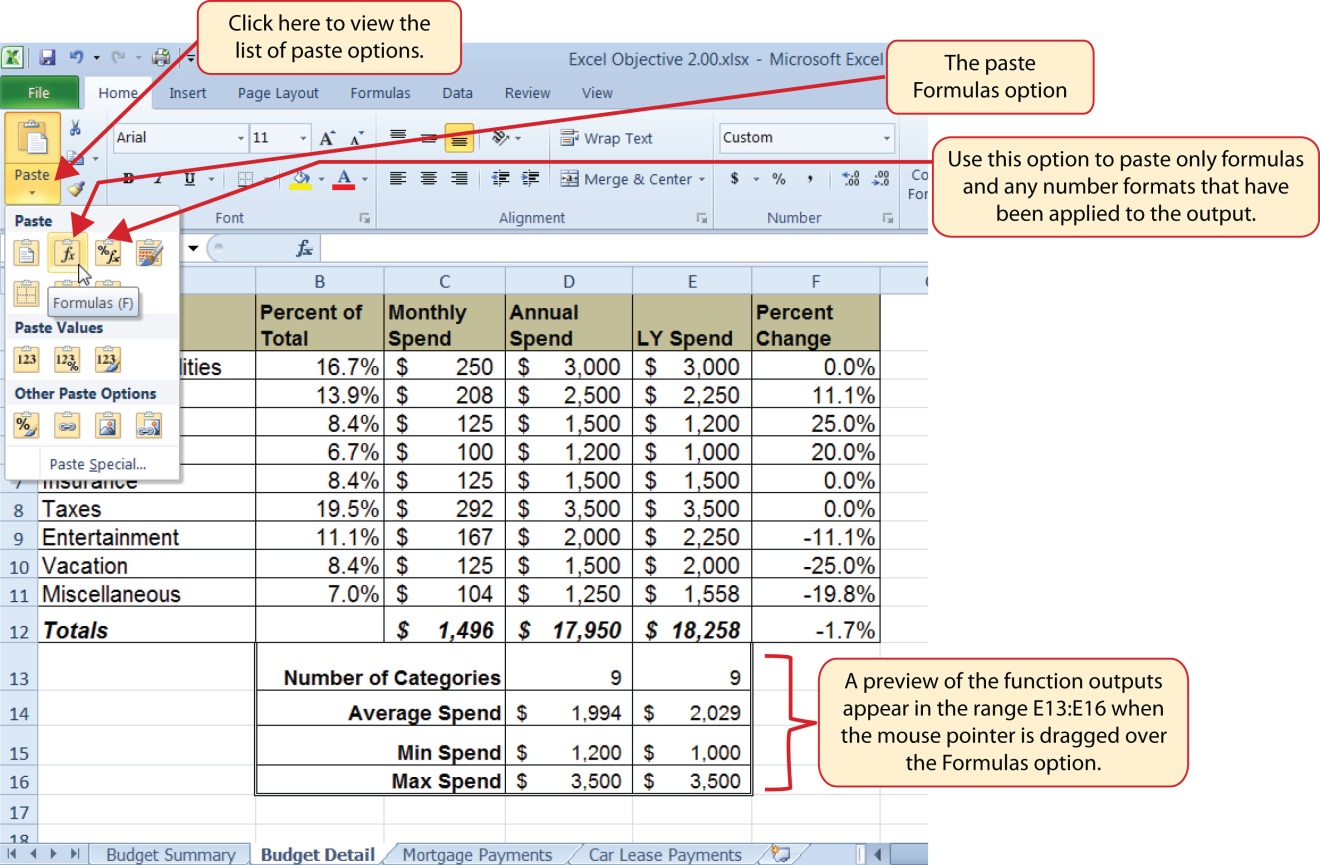 Premere Ctrl + Alt + V per Incollare il menu speciale, quindi F per selezionare le funzioni o R per selezionare formule e funzioni numeriche. L'anteprima dell'output della funzione appare nell'intervallo E13: E16 quando si selezionano le opzioni Incolla dalla scheda Home (F6, H, V), ma non quando si accede direttamente a Incolla speciale.