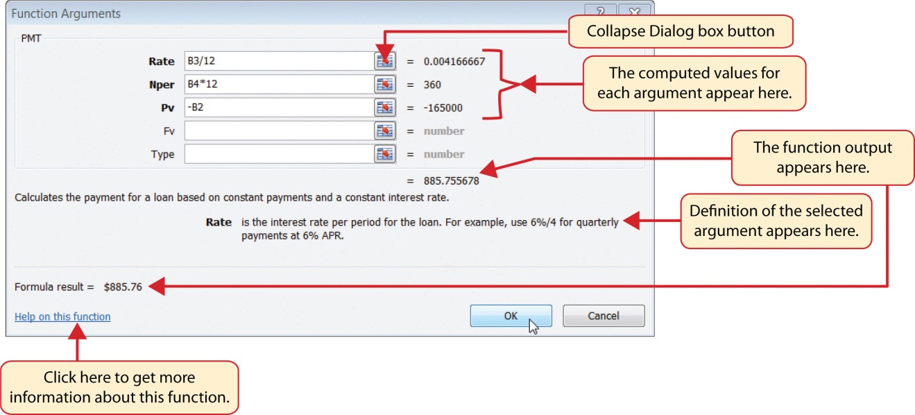 Function Arguments dialog box for PMT function shows values for Rate and Nper, function output, and definition of selected argument. Help on function link at bottom.