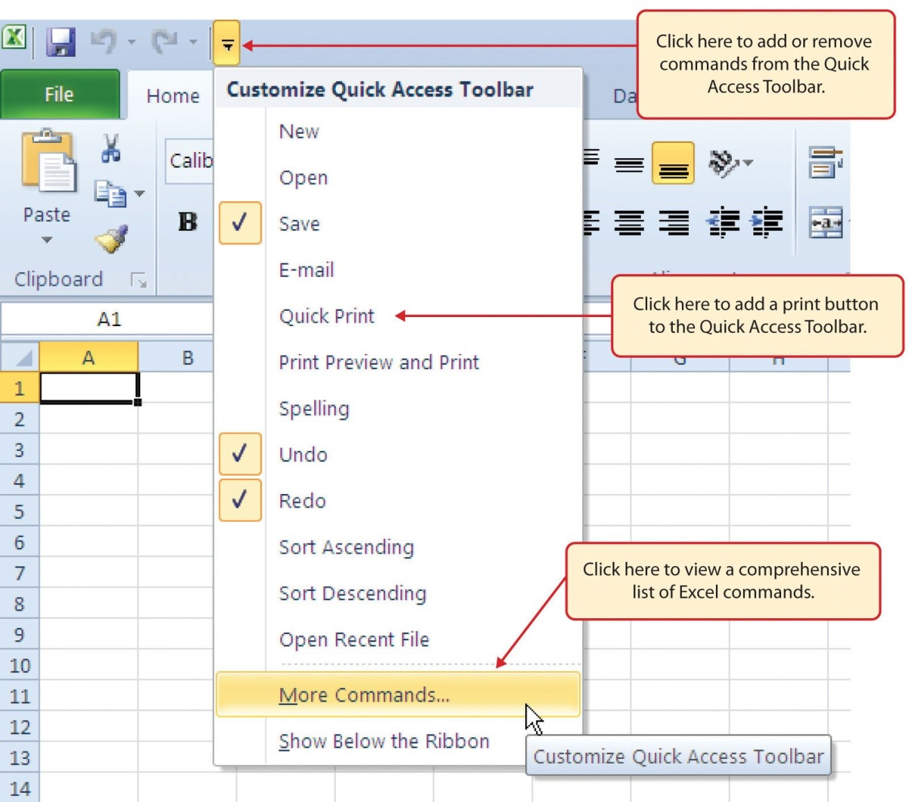 Customize Quick Access Toolbar with frequently used commands. Open Quick Access Toolbar via keyboard: Alt, F, T, arrow down. Via Keyboard to open Quick Access Toolbar: Alt, F, T, arrow down.