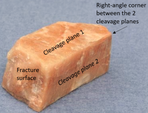 A pink potassium feldspar crystal showing two cleavage planes meeting at at ninety degree angle. The third side is a fracture surface.