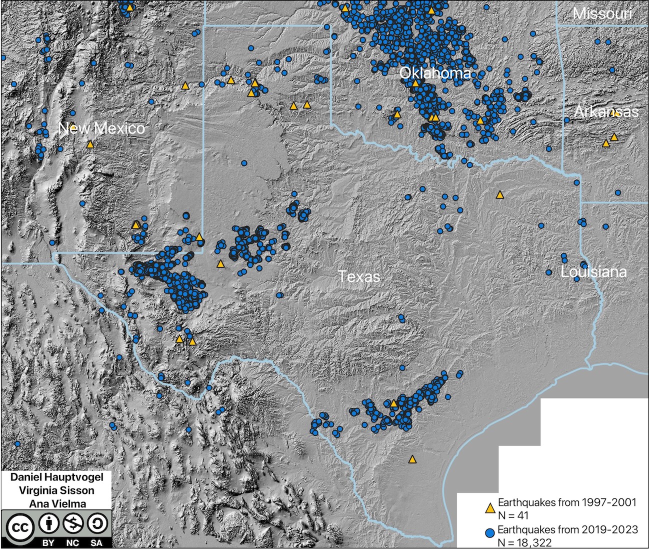 Map of Texas and Oklahoma showing earthquake locations for 1997 to 2001 (yellow circles) and 2019-2023 (blue circles)