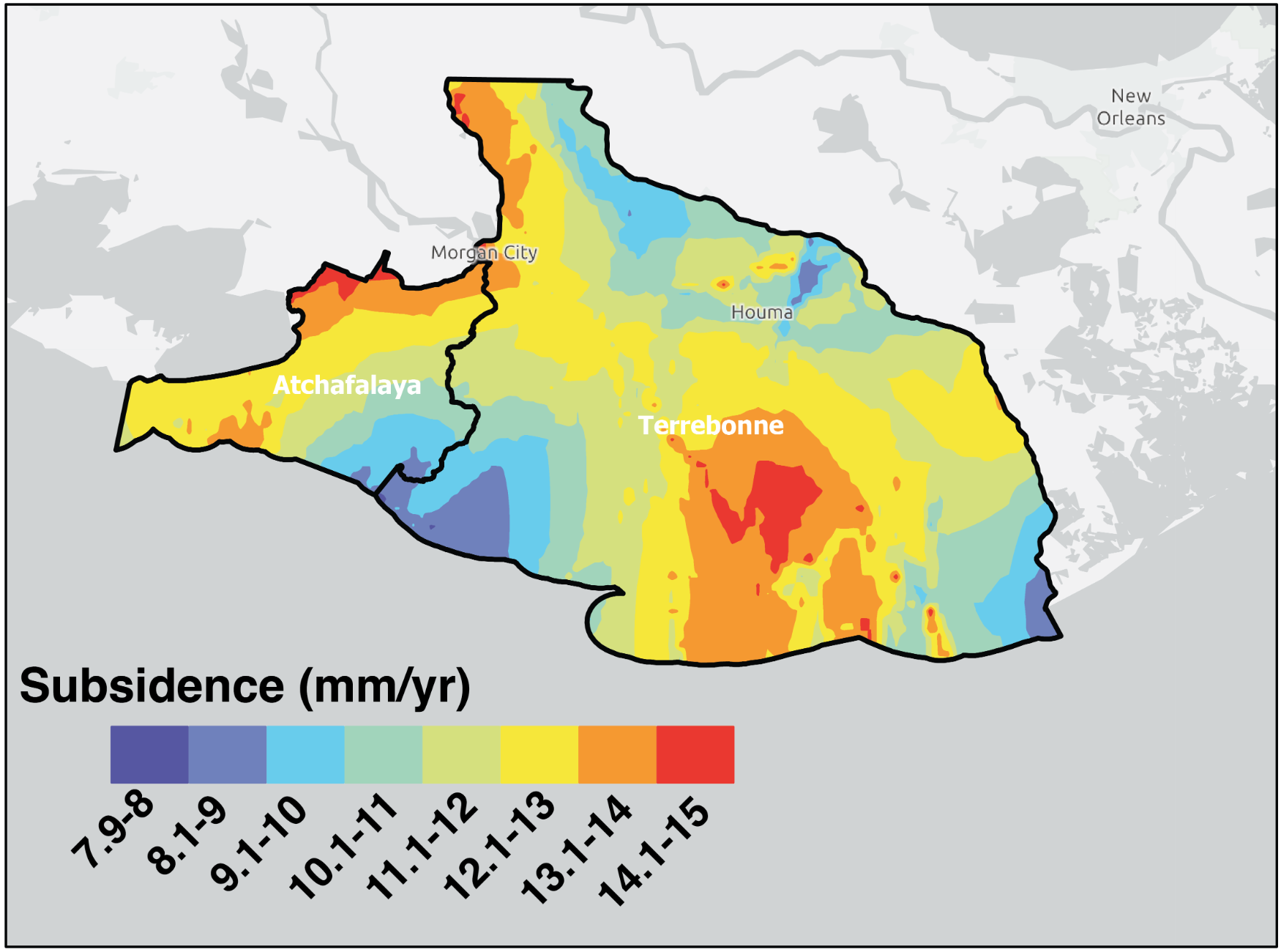 Subsidence map for part of the Mississippi delta