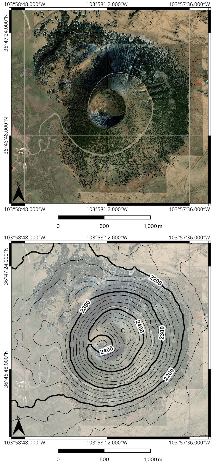 Top: Satellite view of Capulin volcano. Bottom: Topographic map of Capulin volcano overlayed on the satellite image.