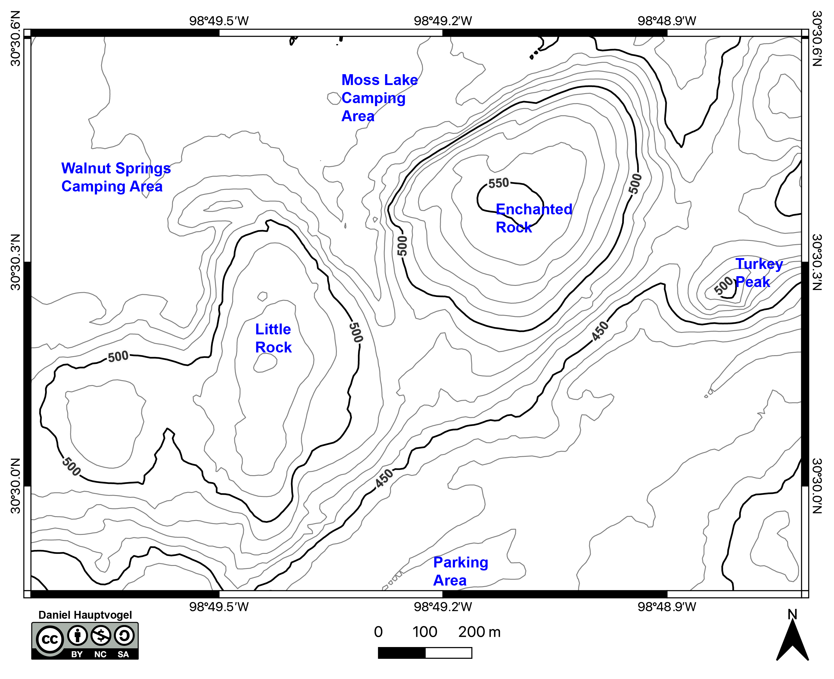 Contour map of Enchanted Rock State Natural Area, TX