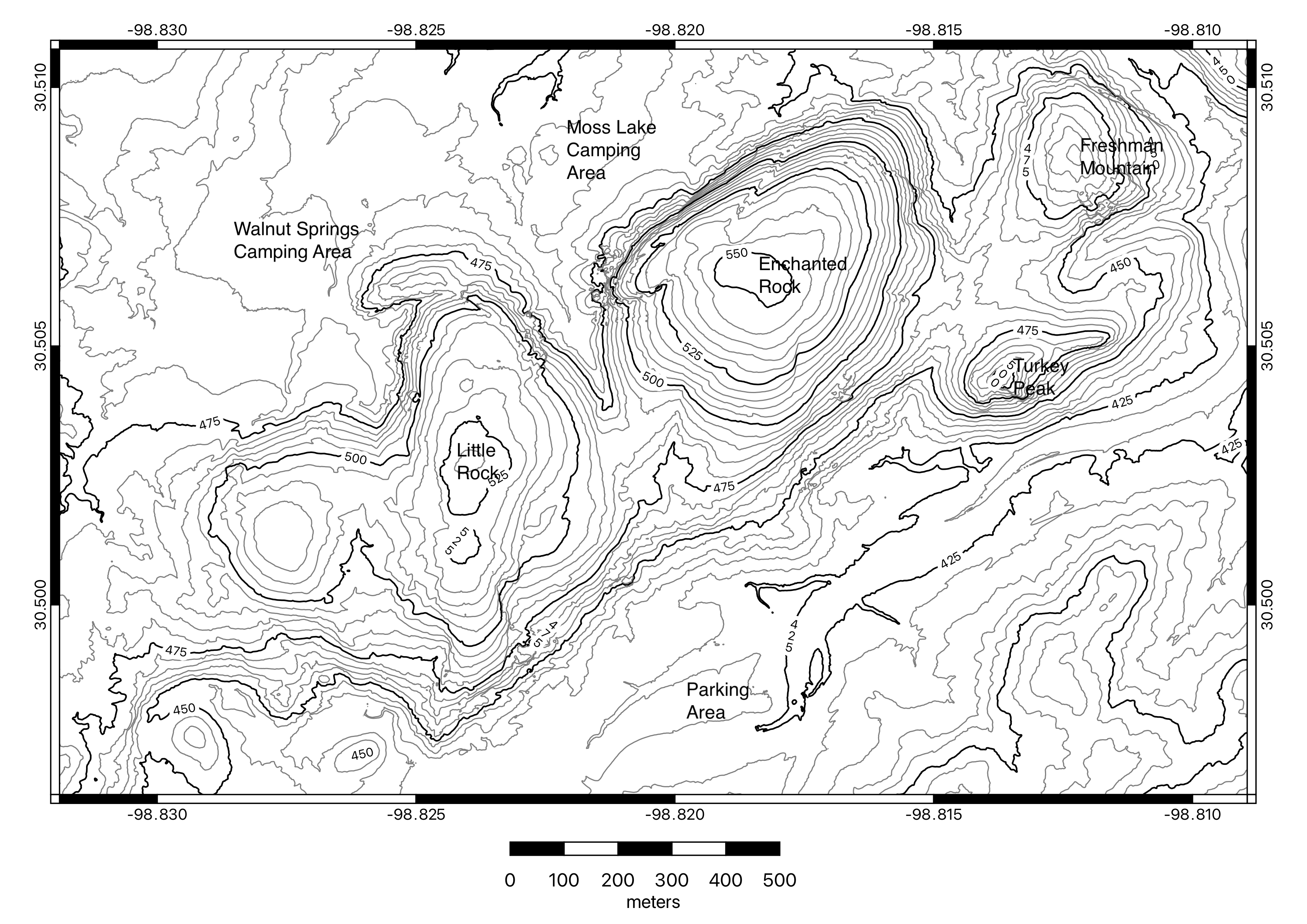 Contour map of Enchanted Rock State Natural Area, TX