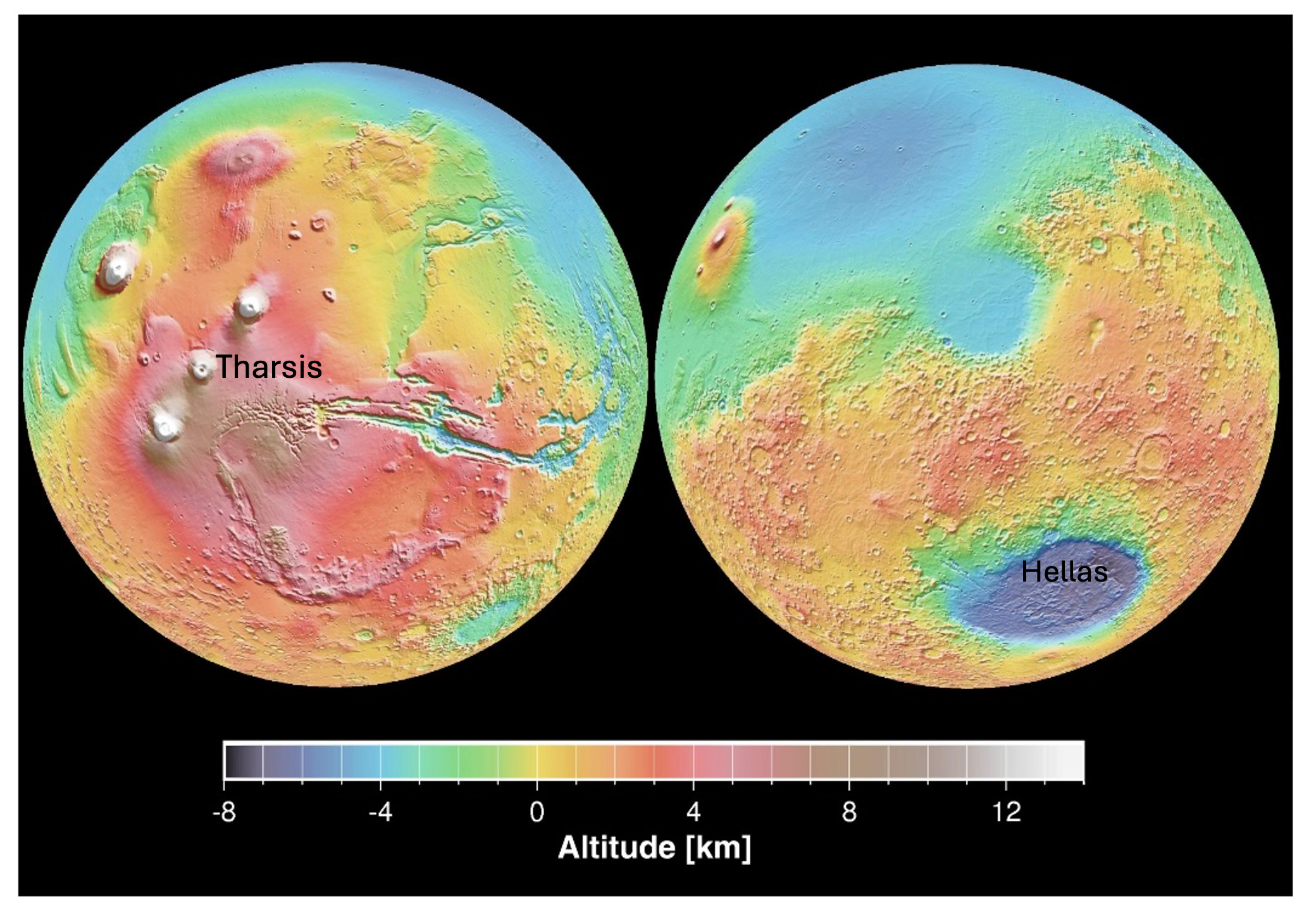 False-color topographic view of Mars