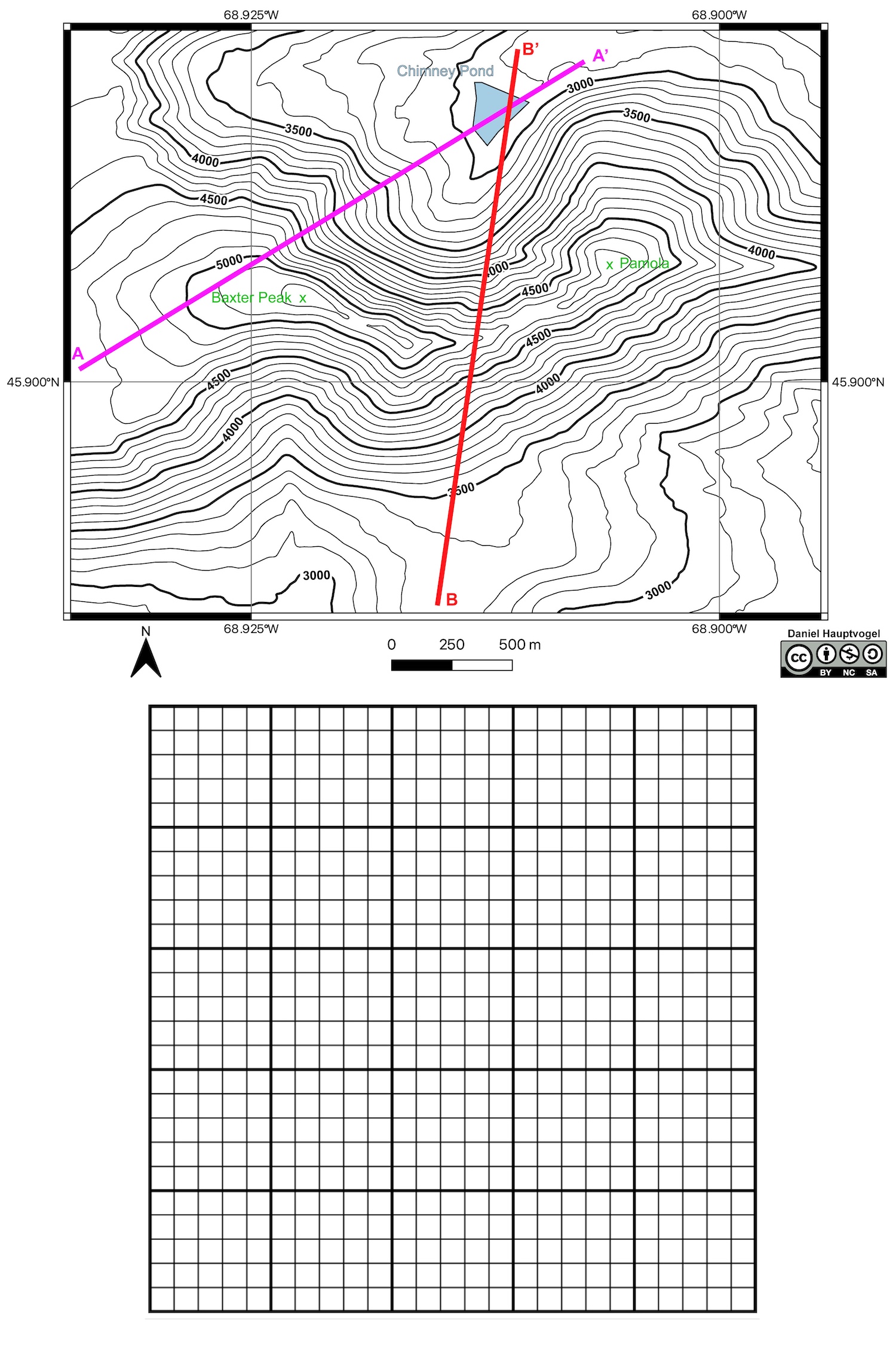 Topographic map of the Katahdin region, Maine. Two lines are drawn on the map.