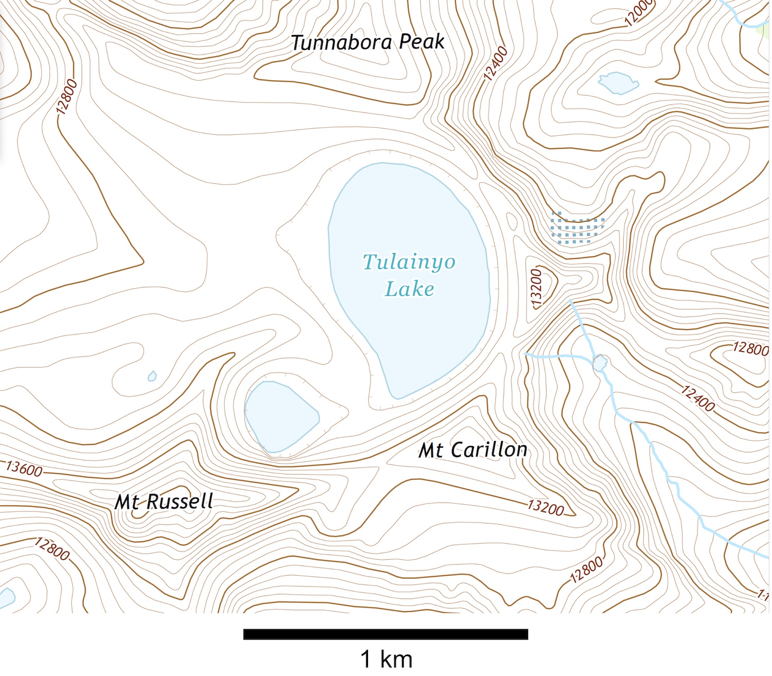 Section of a topographic map showing Tulainyo Lake.