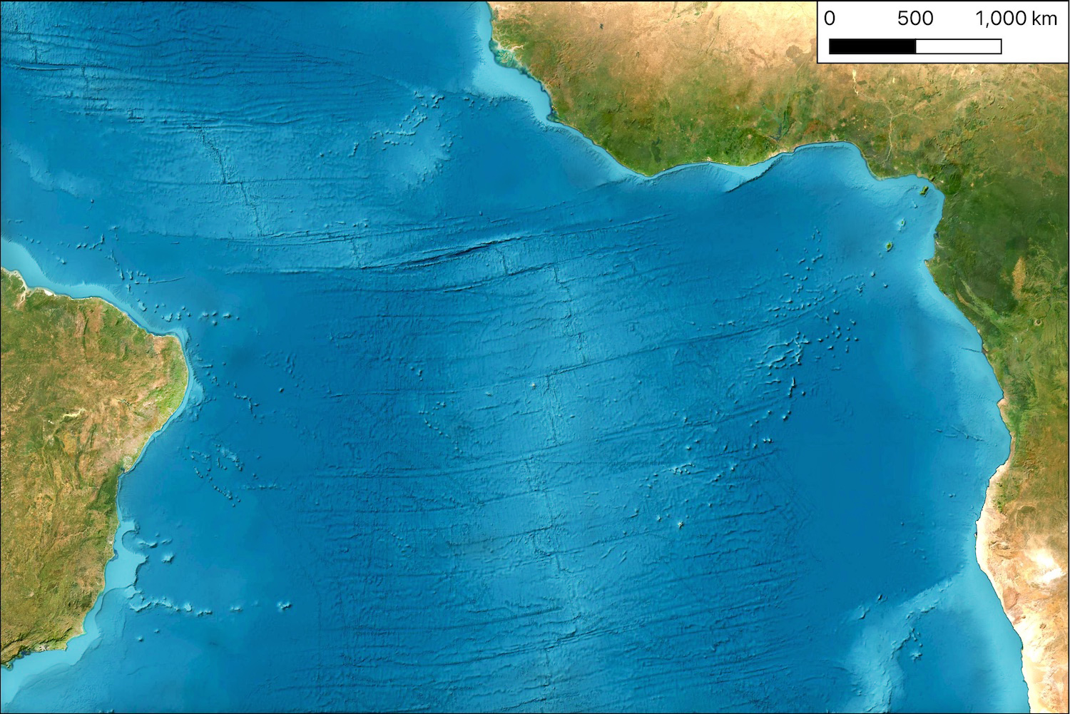 Satellite image showing South America, the Atlantic Ocean, and Africa.