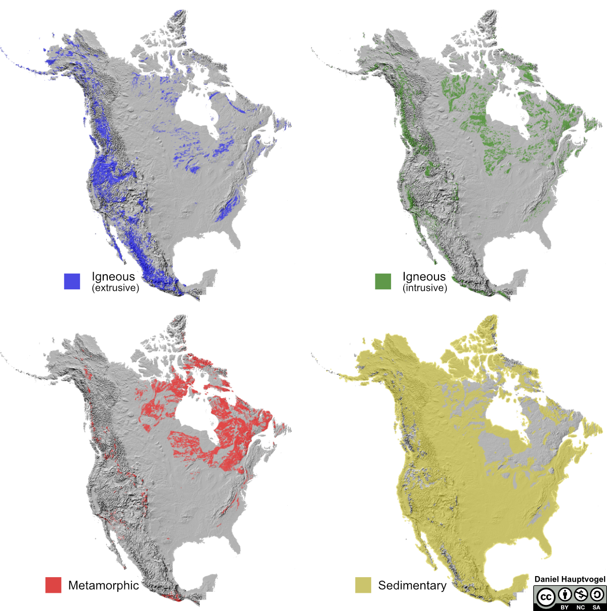 Four maps that show the distribution of extrusive igneous, intrusive igneous, sedimentary, and metamorphic rocks in North America.