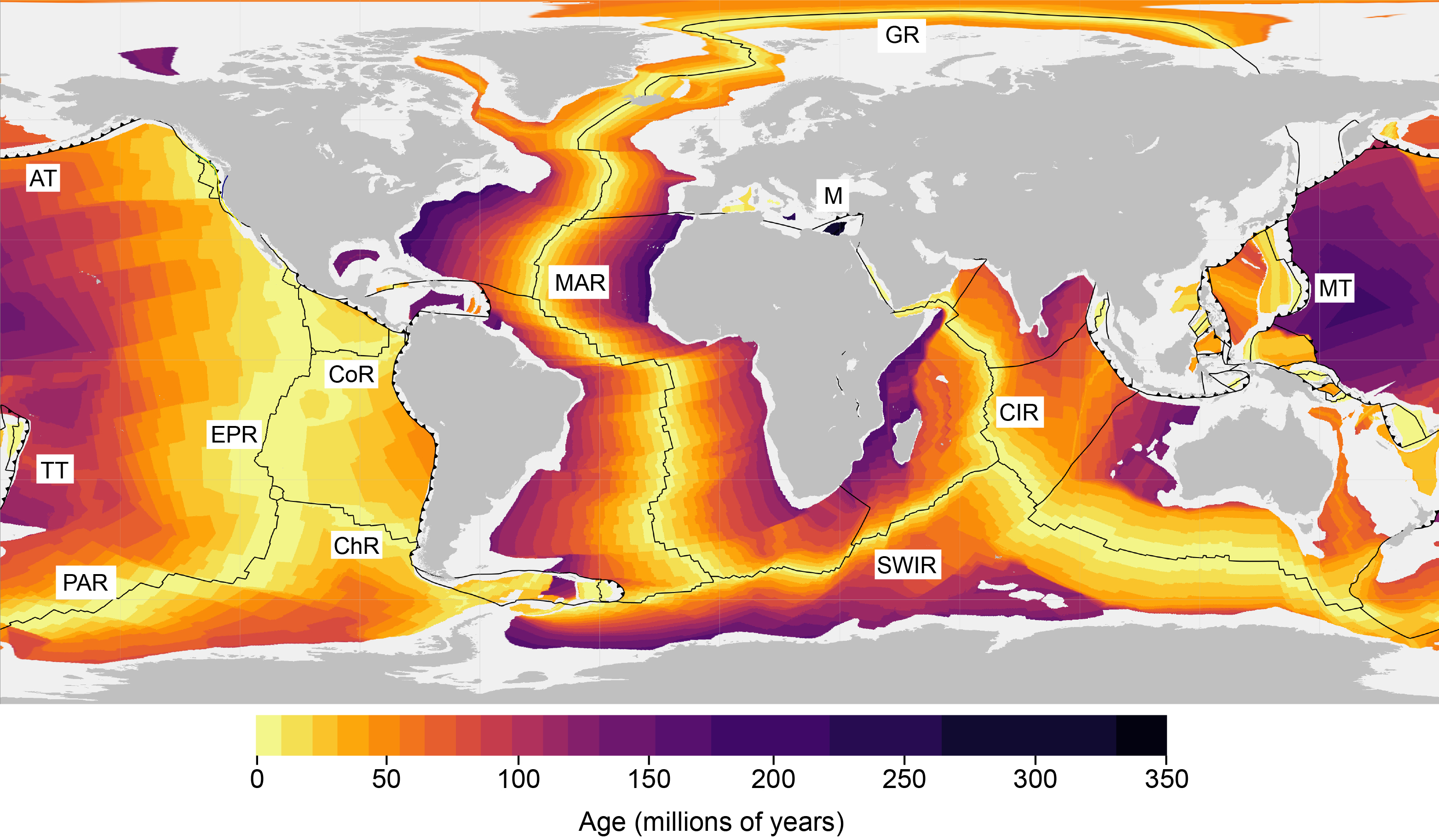 Globe showing age of the oceanic floor.