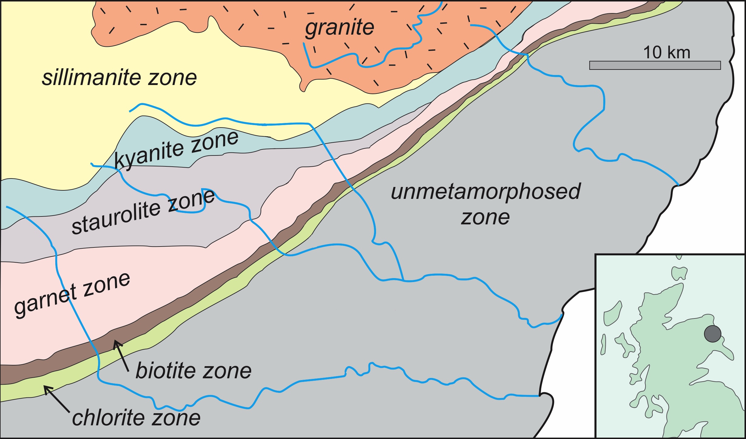 Map shows the metamorphic zones.