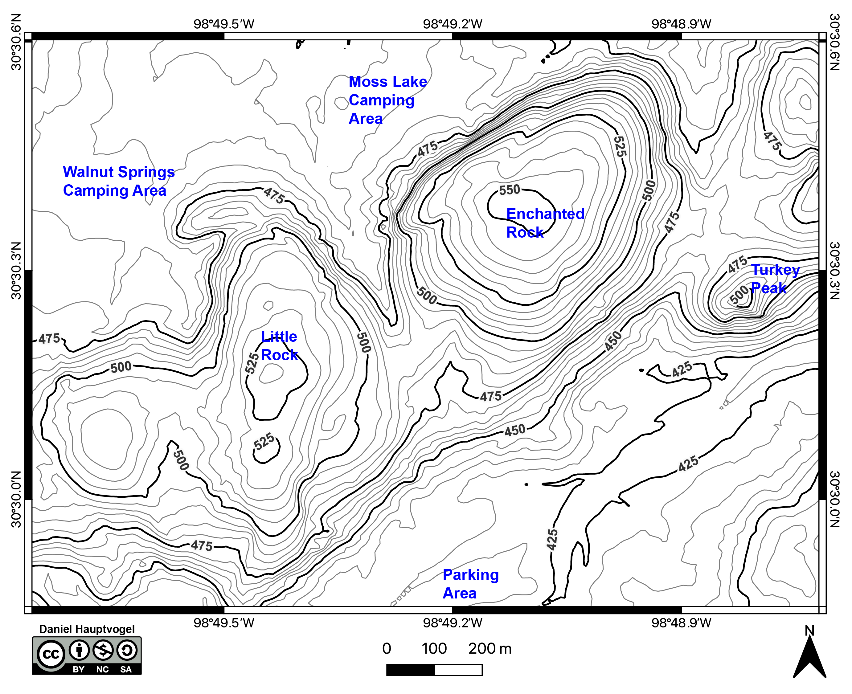Contour map of Enchanted Rock State Natural Area, TX