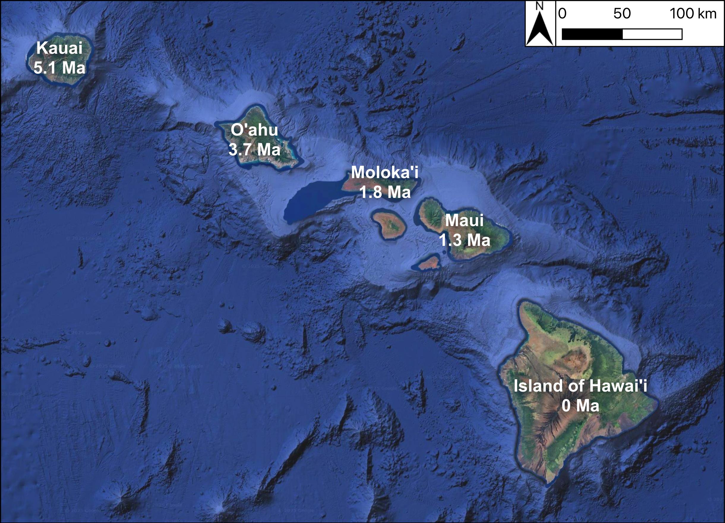 Google Earth image that shows the five main islands of Hawaii.