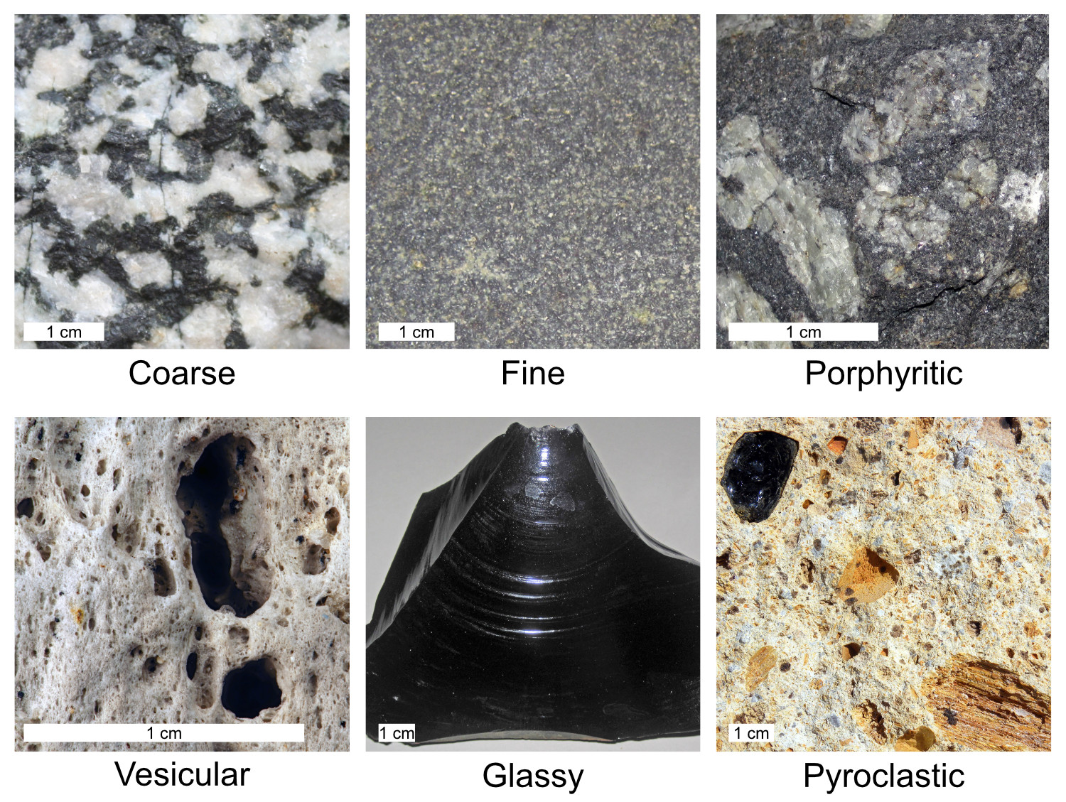 Six images show igneous rock textures.