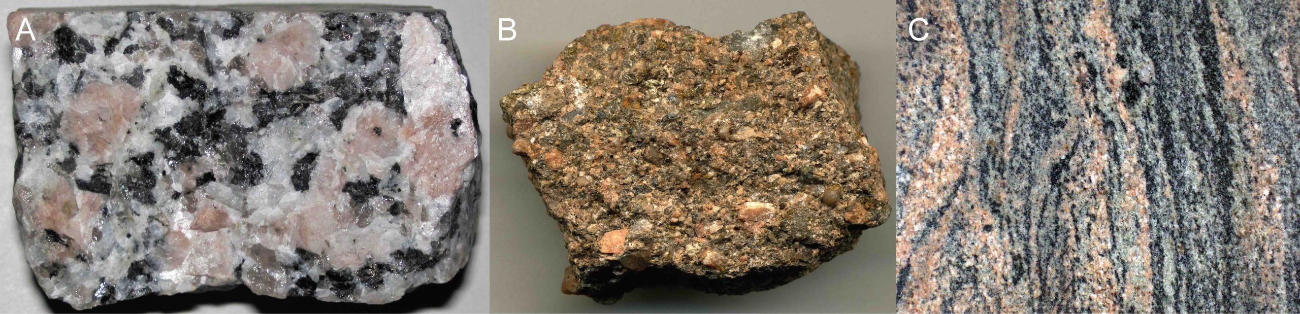Three different type of rocks (granite, arkose sandstone, and gneiss) with the same composition (potassium feldspar, quartz, plagioclase, and biotite).