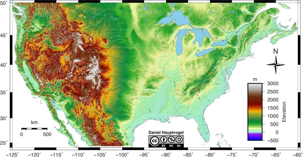 Shaded relief map of the United States as well as some of Mexico and Canada.