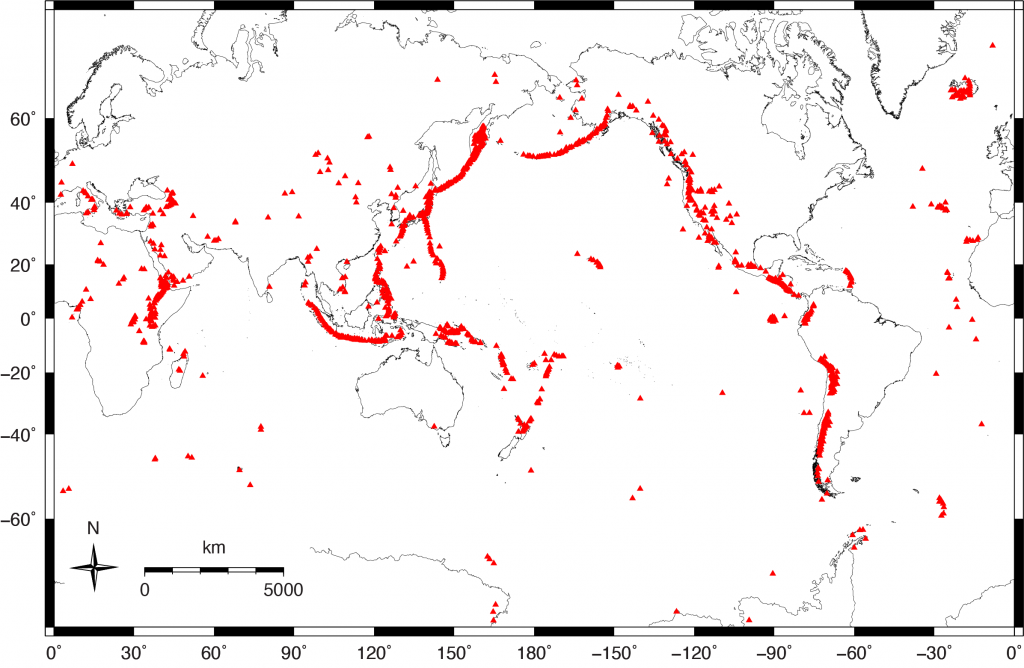 Global map showing locations of recently active volcanoes as red triangles