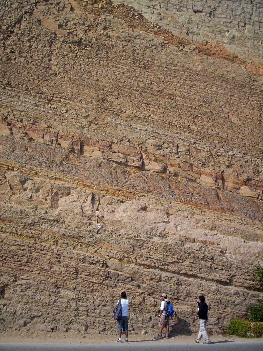 This image shows slightly tilted layering in sedimentary rock downward to the right.