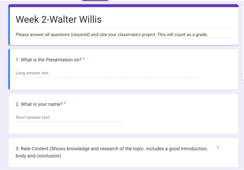 A google form with grading standards.