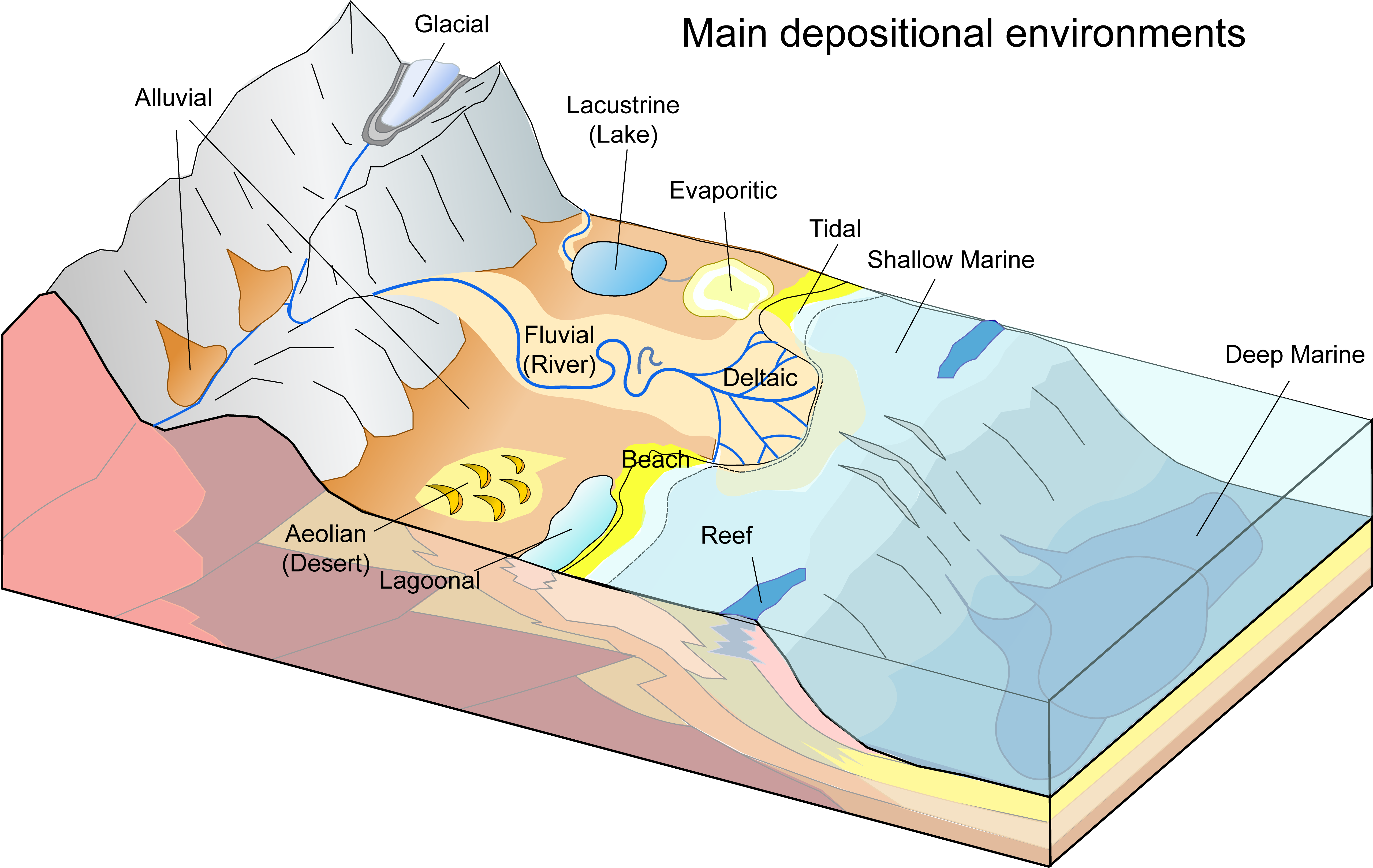 Block diagram of primary depositional environments of sediments.