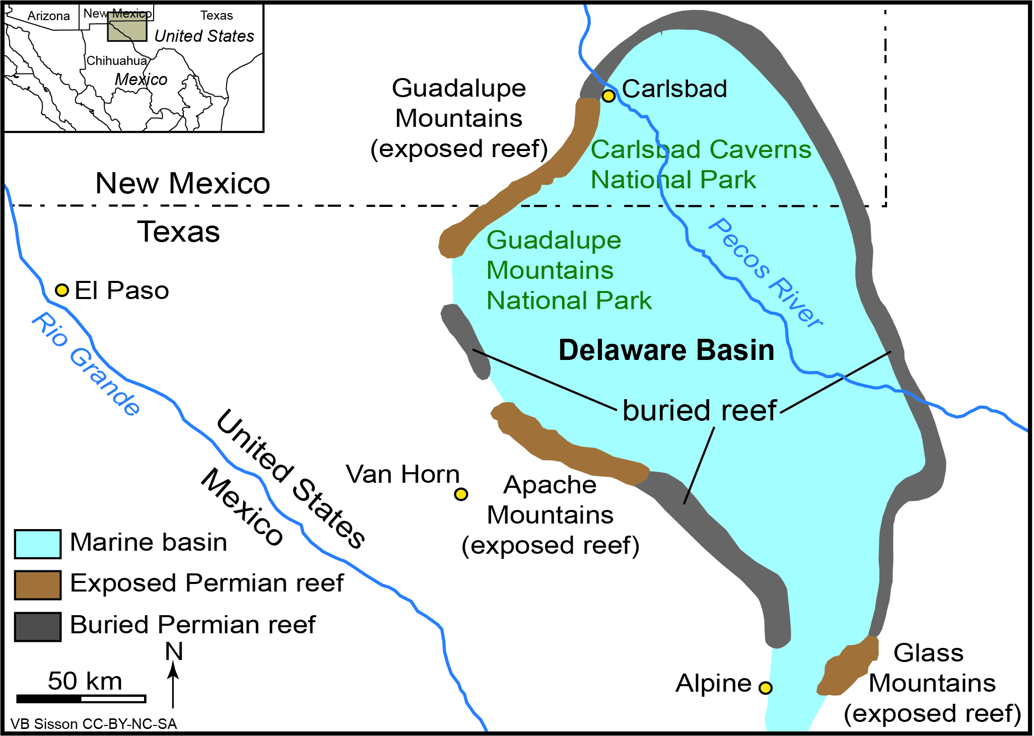 Map of exposed Permian reef around the Delaware Basin