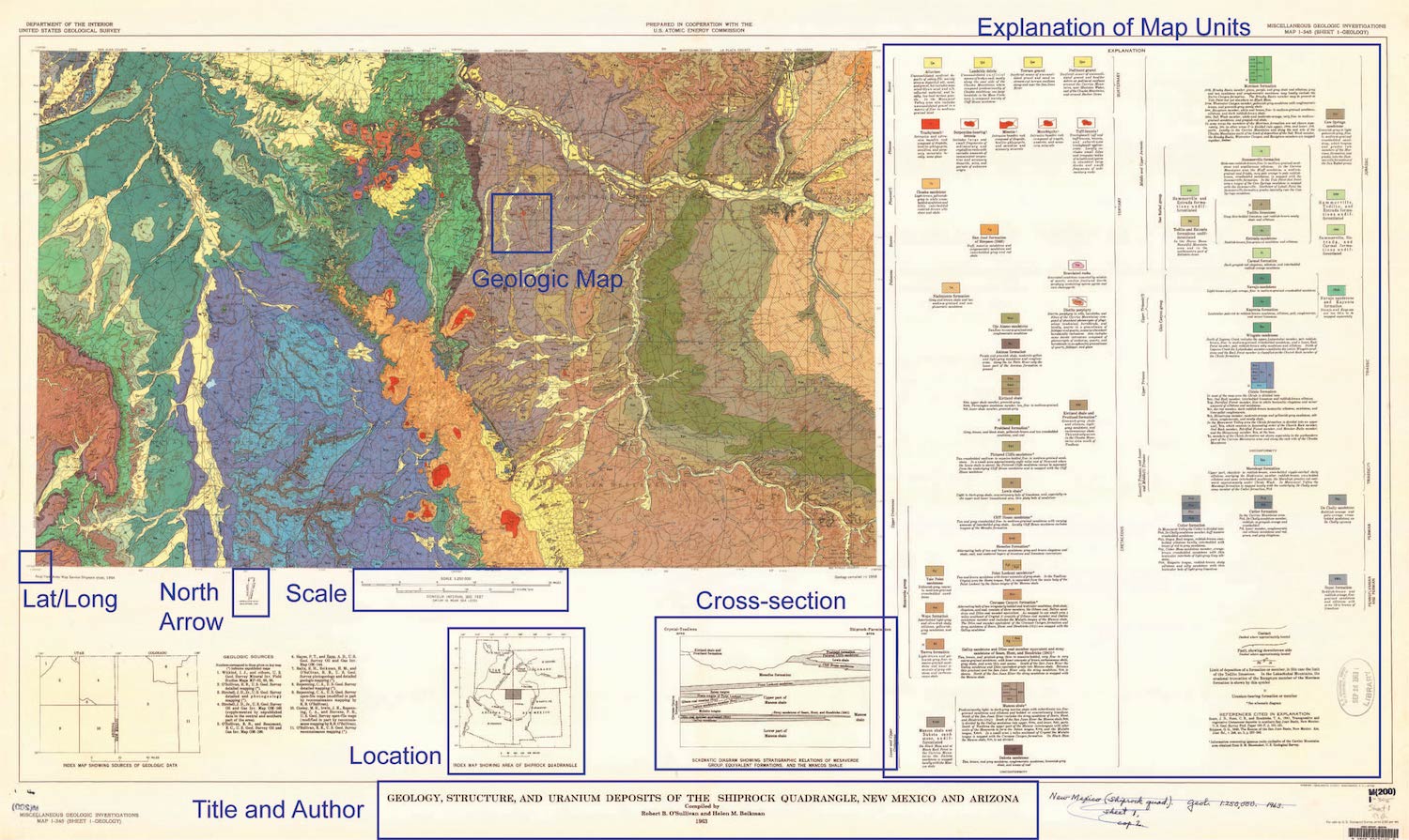 Geologic map showing Shiprock. Various colors on the map represent different rocks and ages. Blue boxes and text highlight standard components of a geologic map.