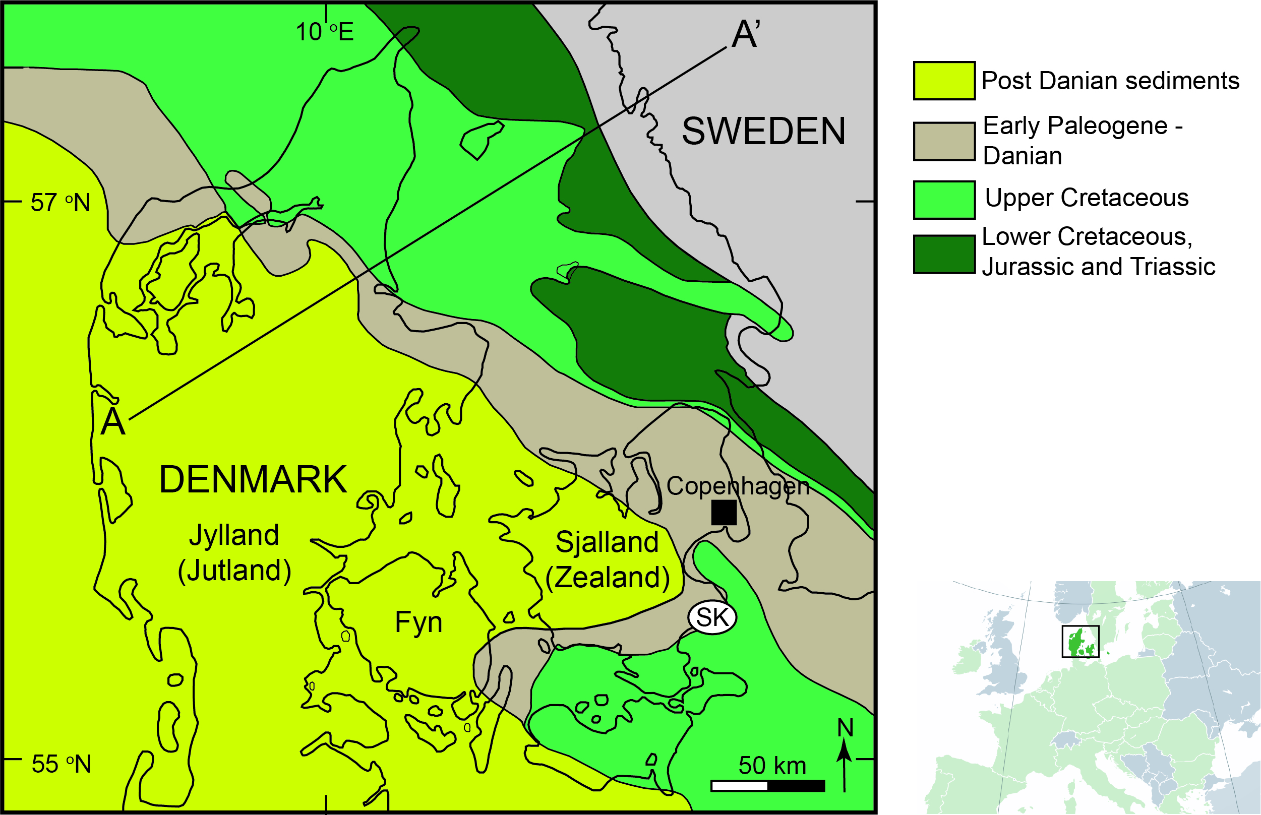 Geologic map of Denmark showing location of Stevns Klint