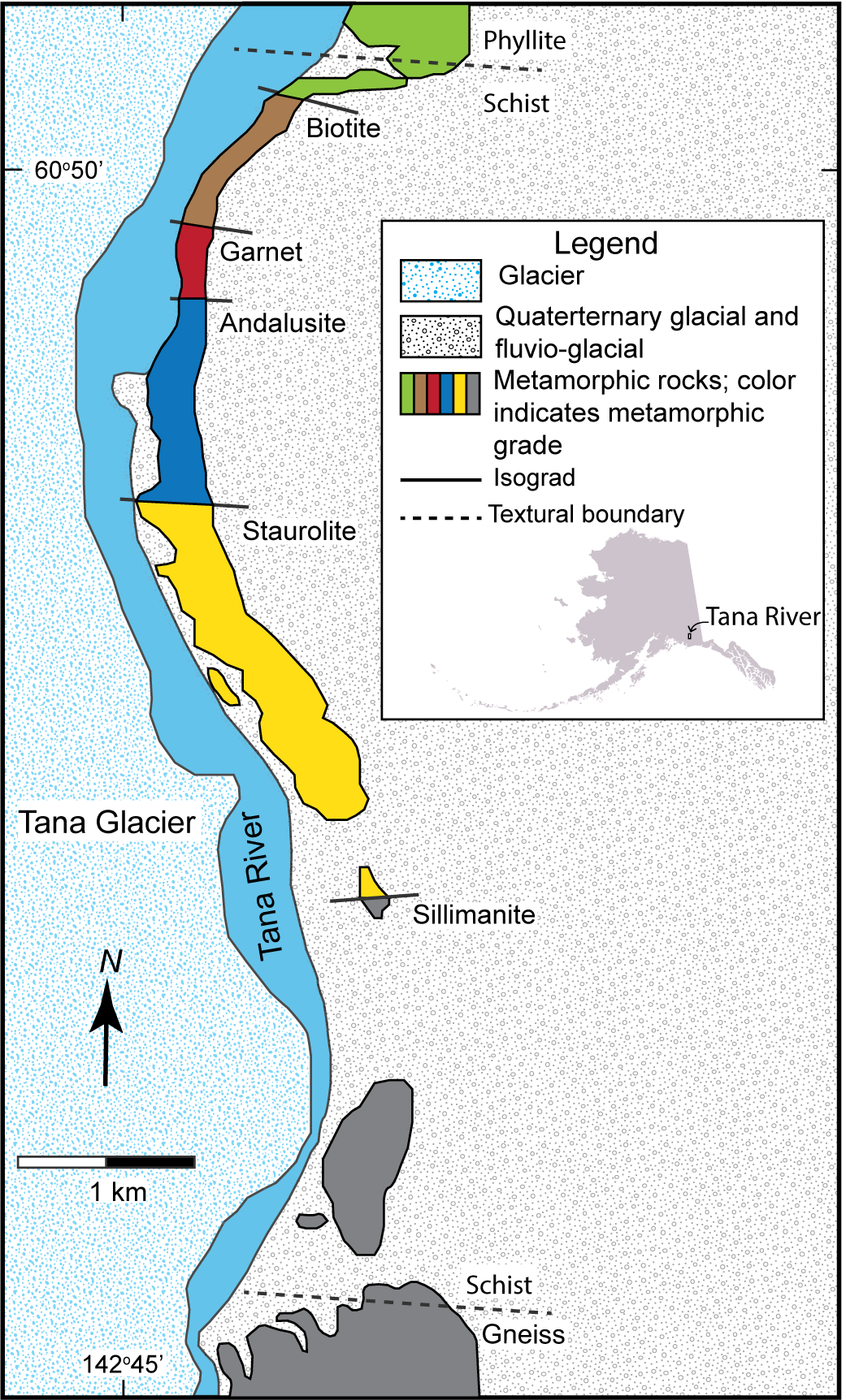 Map of metamorphic zones in southern Alaska along the Tana River