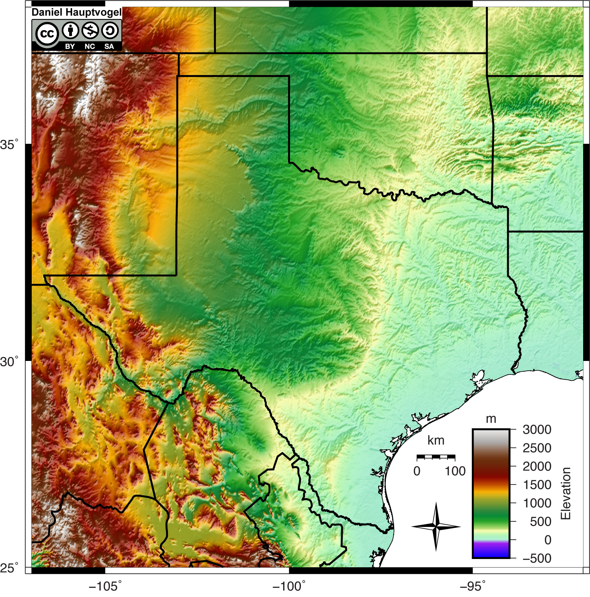Shaded relief map of Texas.