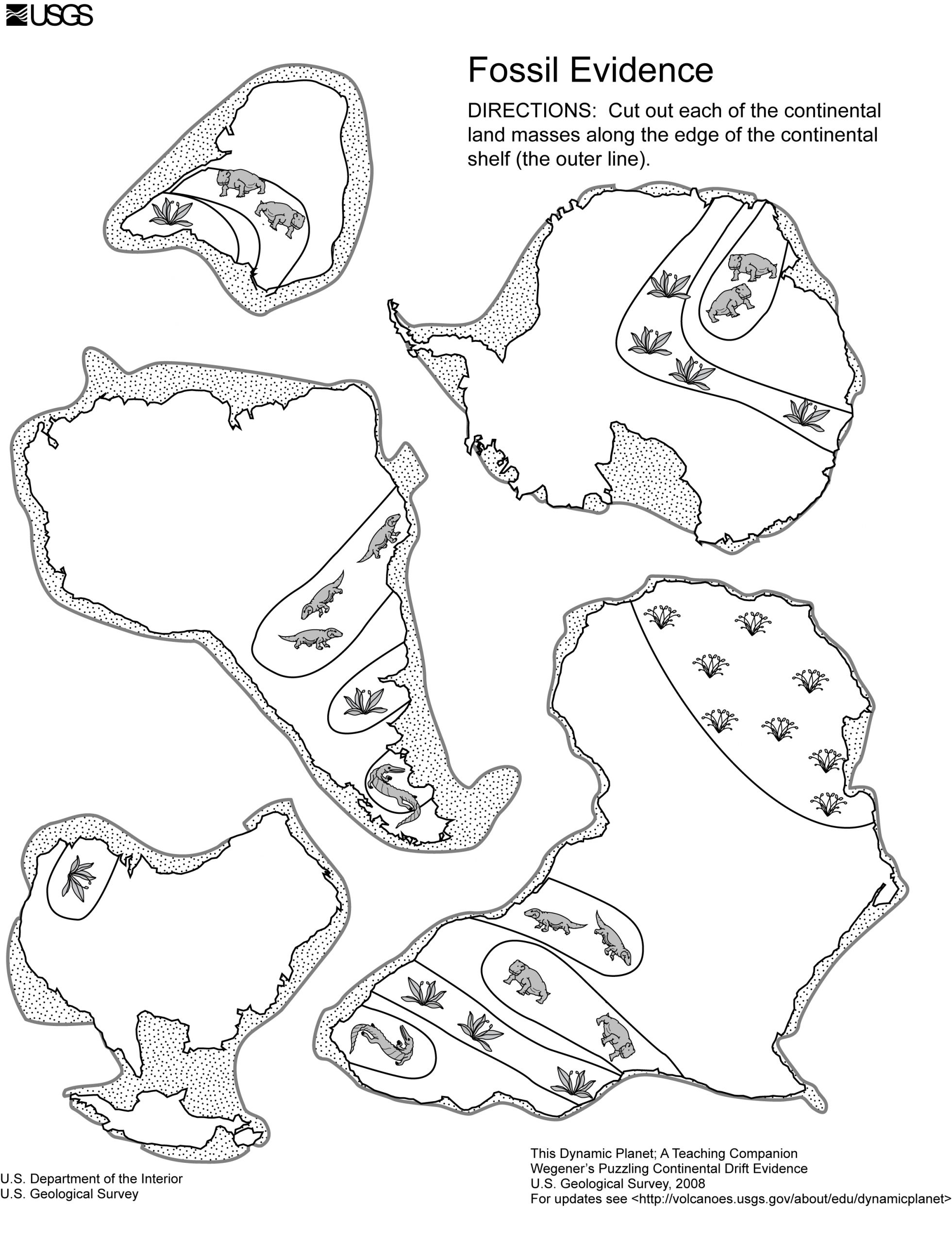 Five continents with their continental shelves and fossil locations for Exercise 1.1