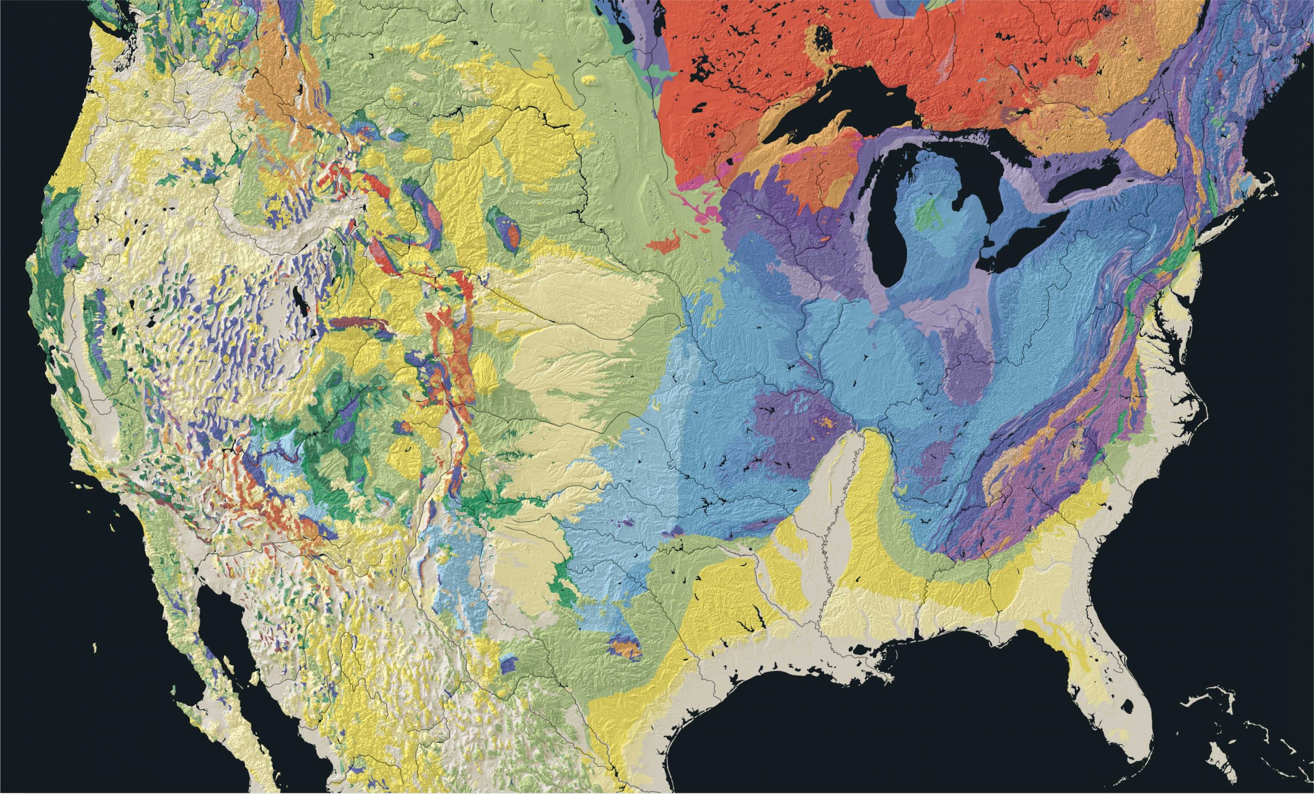 Map with varying colors representing different ages of rocks throughout the United States.