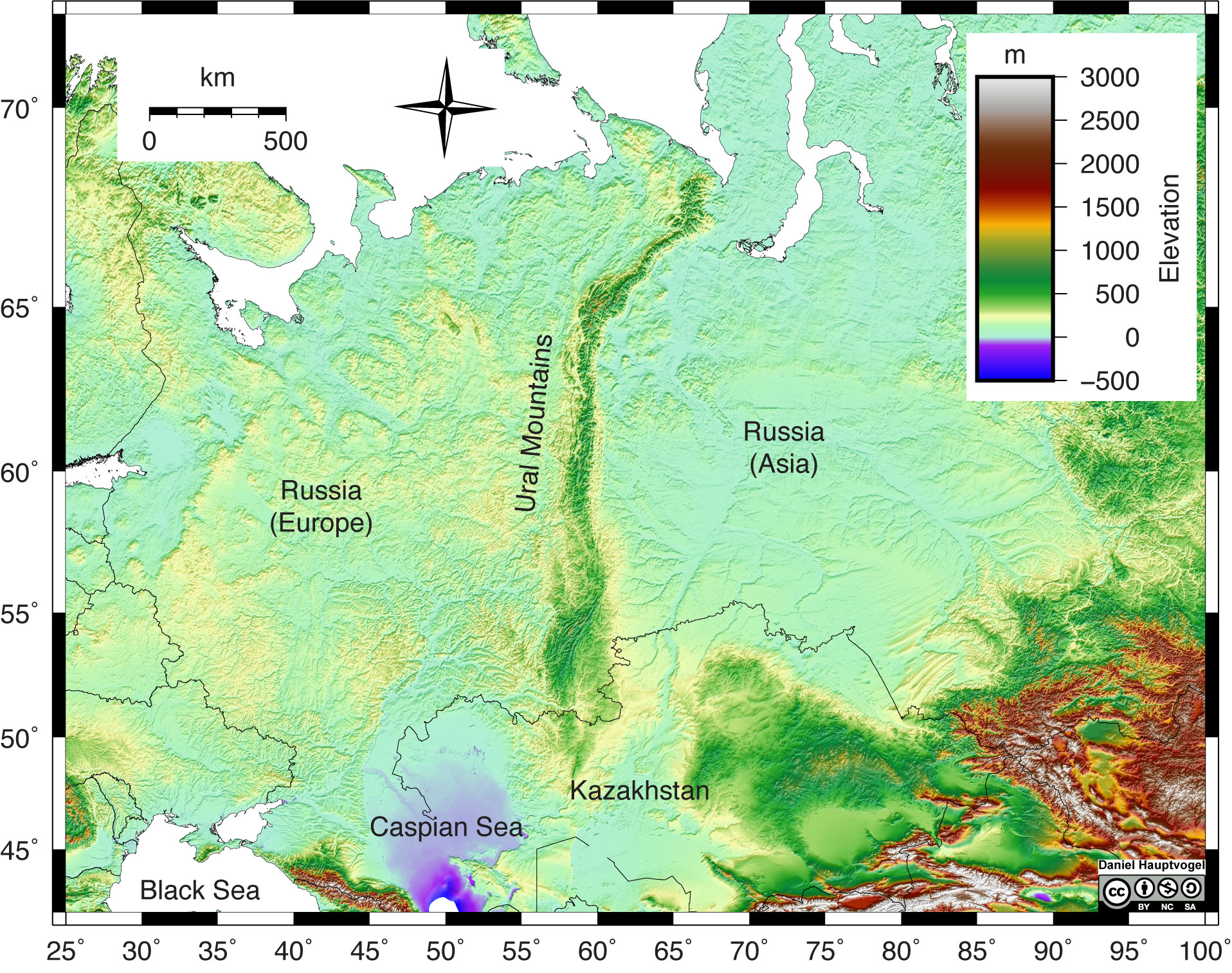 Shaded relief map of the Ural Mountains in Russia.