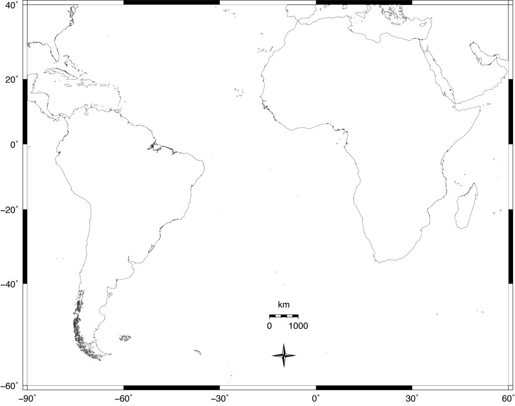 Blank map focusing on South American, Africa, and the South Atlantic Ocean, to be used in Exercise 1.1.