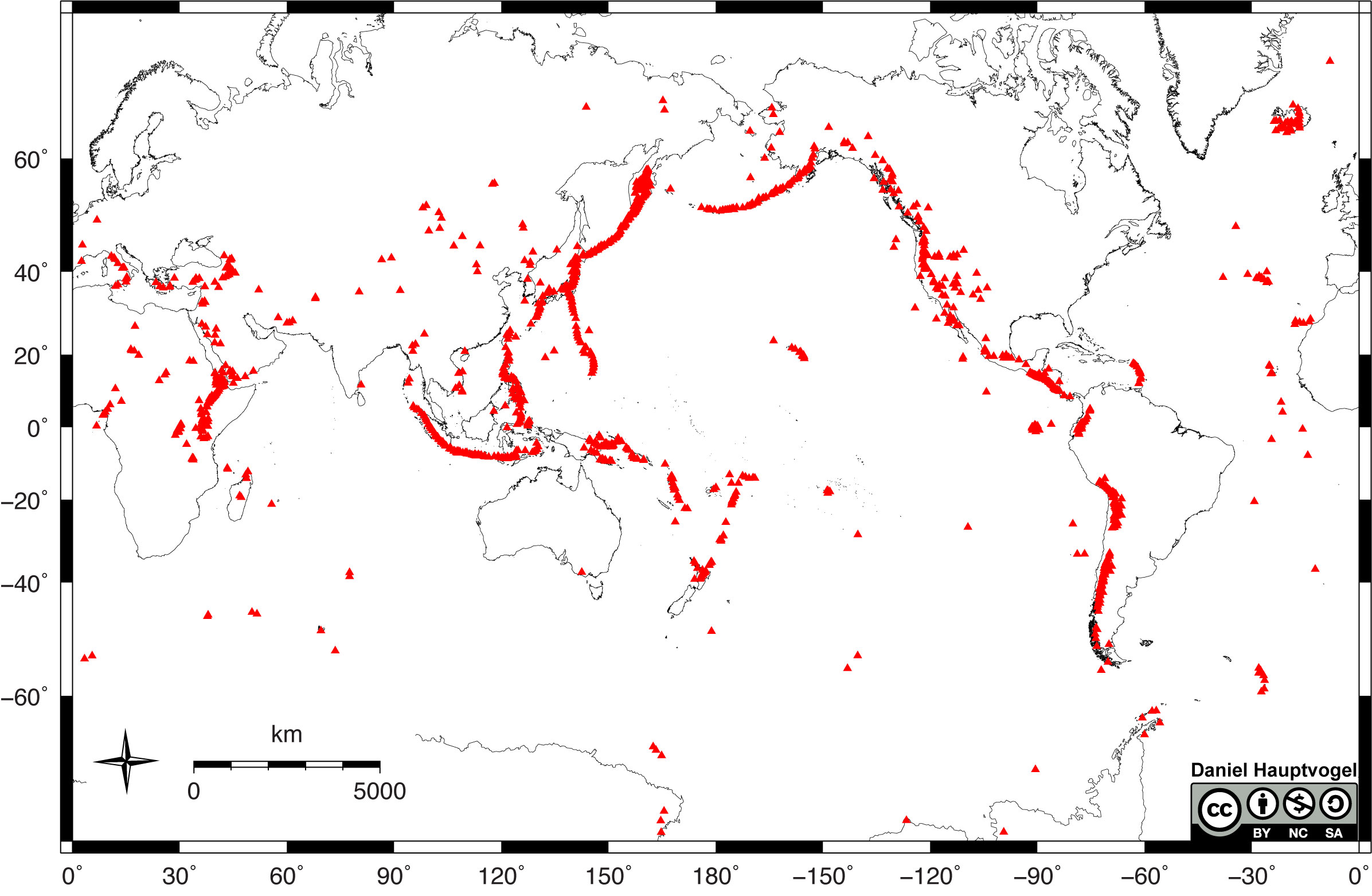Mercator map of the world showing the locations of volcanoes active in the past 10,000 years
